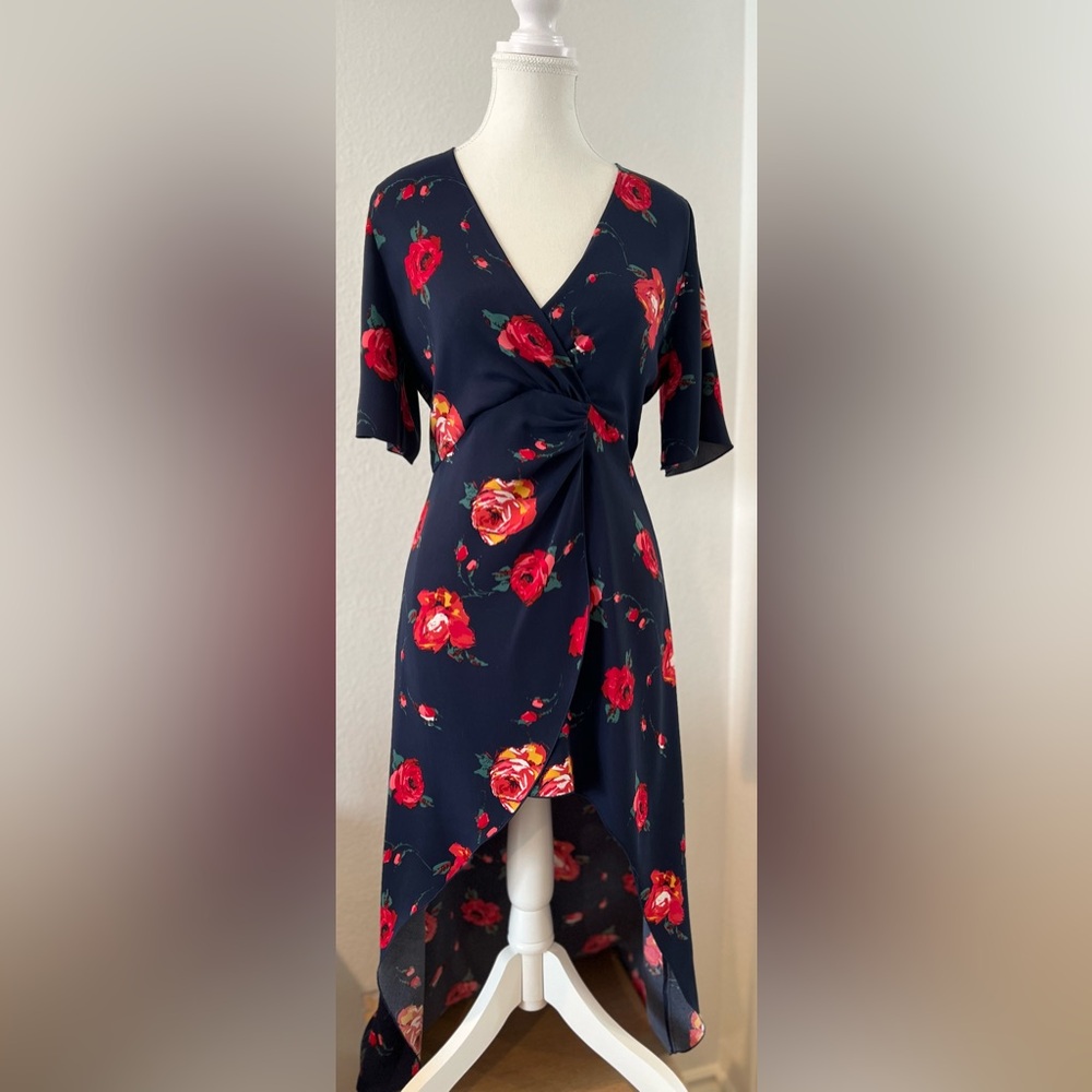 Aritzia, Babaton, navy blue floral wrap dress. High/low style, faux satin.